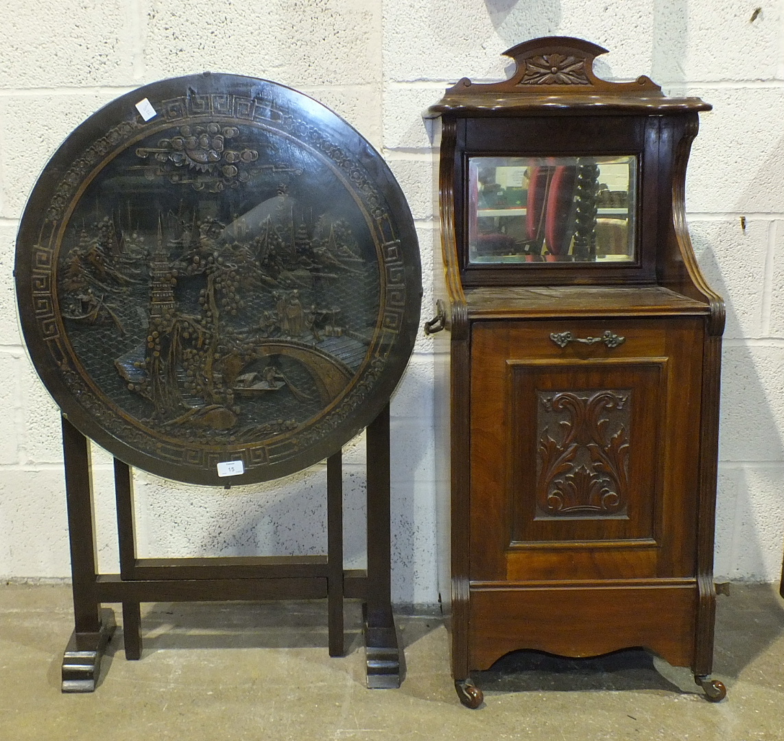 A Hong Kong carved wood folding circular occasional table and a walnut purdonium, (2).