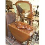 Three 1930's oak dining chairs, a barley-twist drop leaf table and a Victorian dressing table