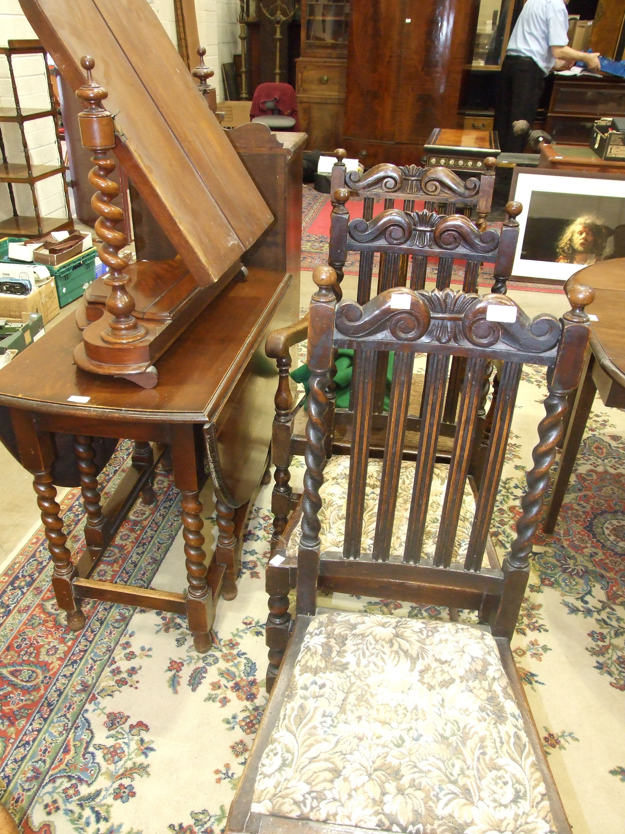 Three 1930's oak dining chairs, a barley-twist drop leaf table and a Victorian dressing table - Image 2 of 2