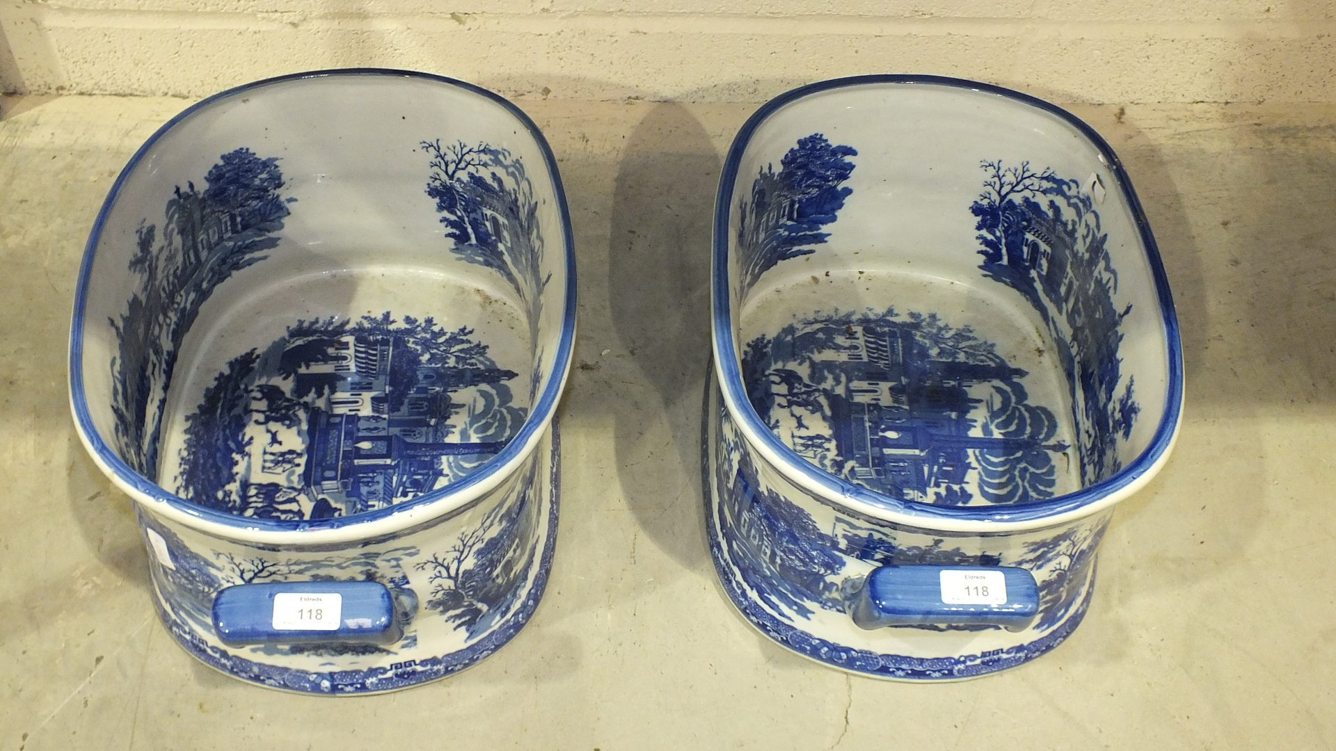 A pair of reproduction blue and white two-handles foot baths, 53cm wide, (2).