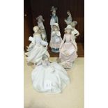 A Lladro ballerina figurine, three others (af), and a group of five Nao figurines, (9).