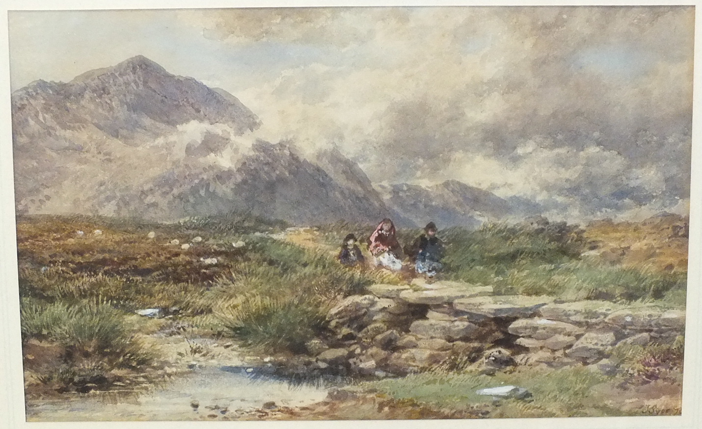 John Syer (1815-1885), 'Highland landscape with figures crossing a clapper bridge', watercolour,