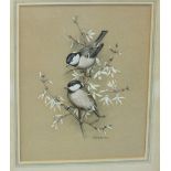 Margaret Sherborne, 'Coal Tits and Forsythia', a signed watercolour and other pictures and prints.