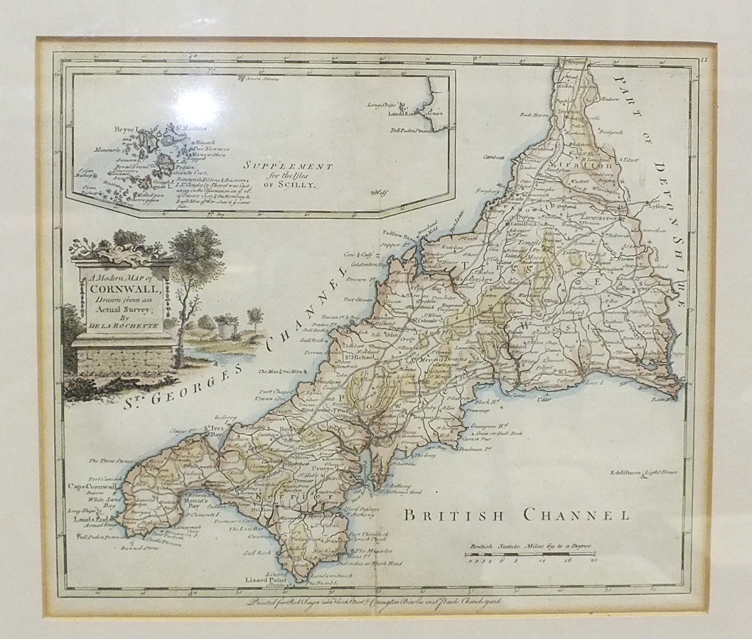 A collection of five framed coloured maps, including 'A modern map of Cornwall' by De La Rochette,