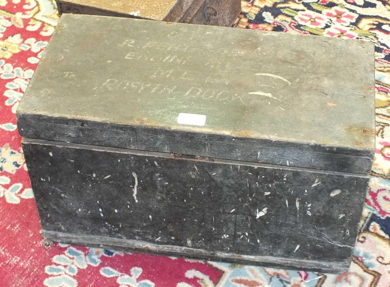 A wooden tool box marked 'R Feathers, Engine Fitter, Rosyth Dockyard', 51cm wide, a small collection