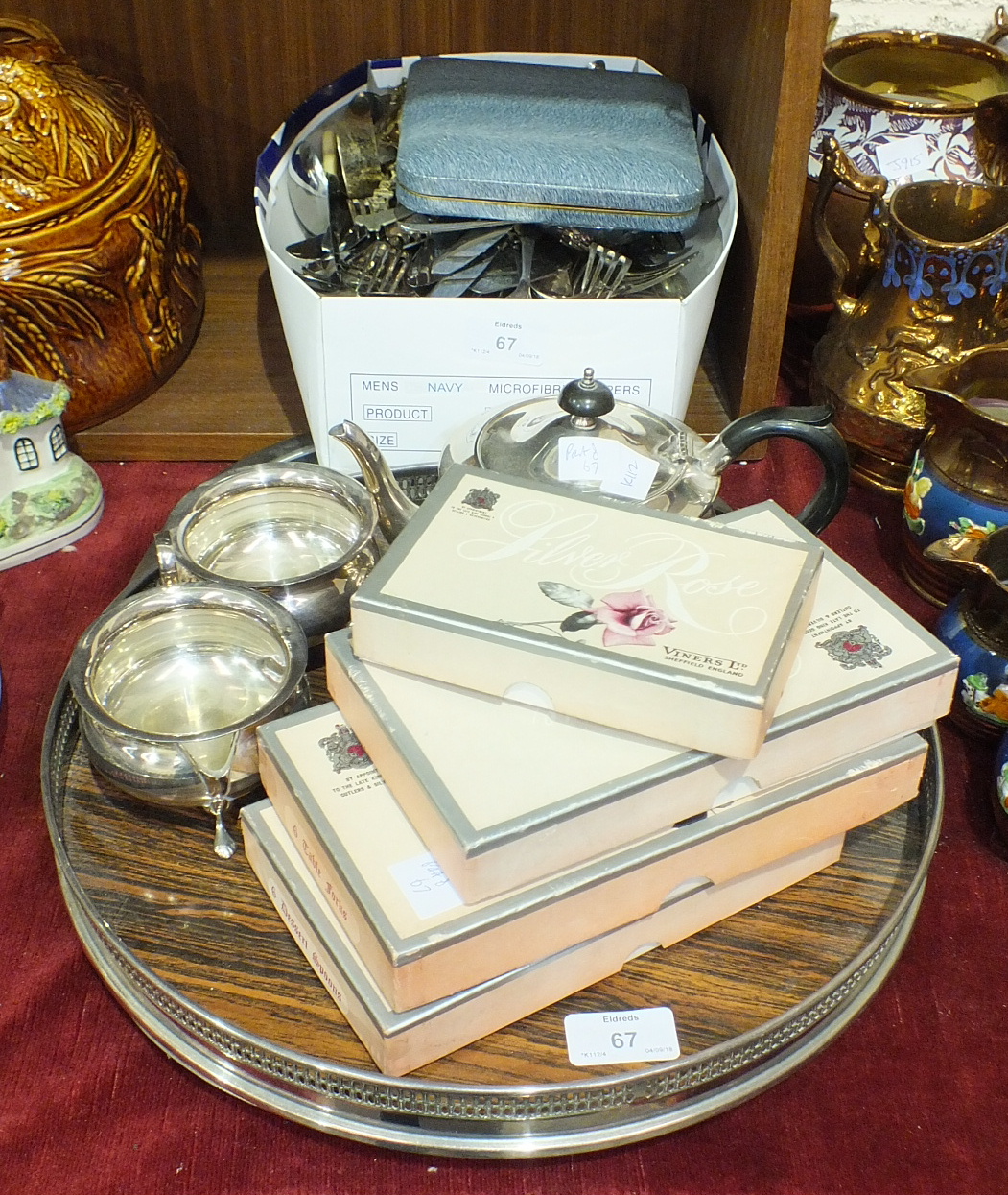 A 'Yeoman' three-piece plated tea service on circular tray and a quantity of cased and loose