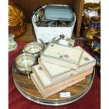 A 'Yeoman' three-piece plated tea service on circular tray and a quantity of cased and loose