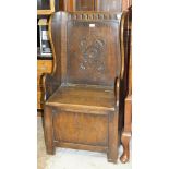 An oak hall seat with hinged seat, 55cm wide, 118cm high, (a/f), a small oak bureau on cabriole