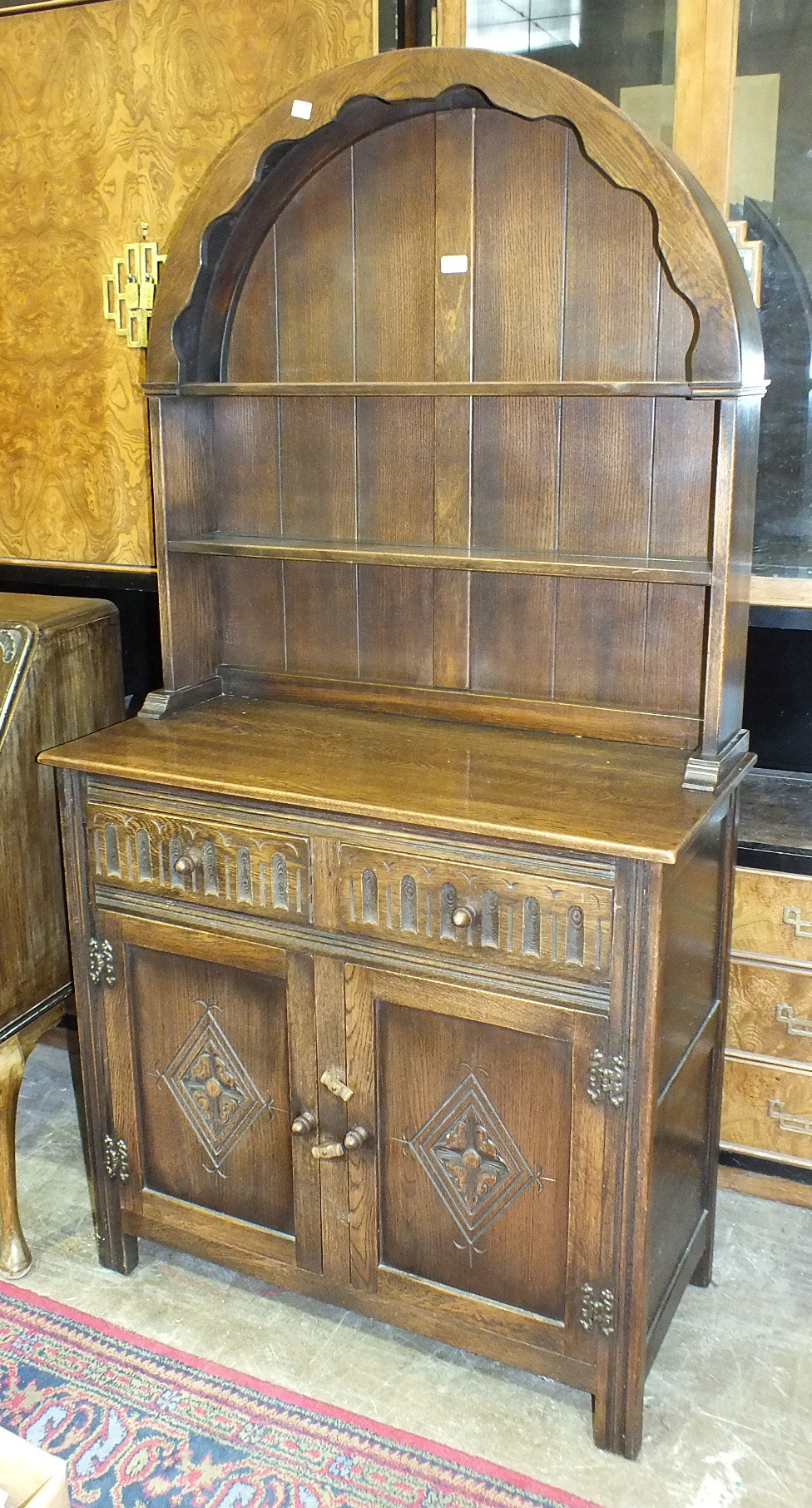 An oak hall seat with hinged seat, 55cm wide, 118cm high, (a/f), a small oak bureau on cabriole - Image 2 of 3