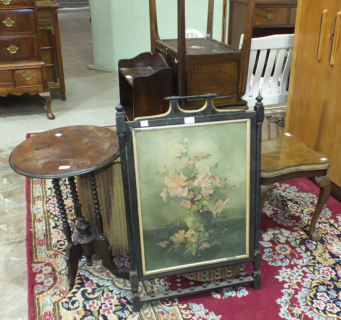 Two Lloyd Loom linen boxes, a small oak freestanding bookshelf, a sewing table/box, two occasional