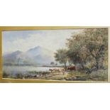 H Carlisle, 'Cattle watering beside a Scottish loch', a signed watercolour, 22 x 50cm and a