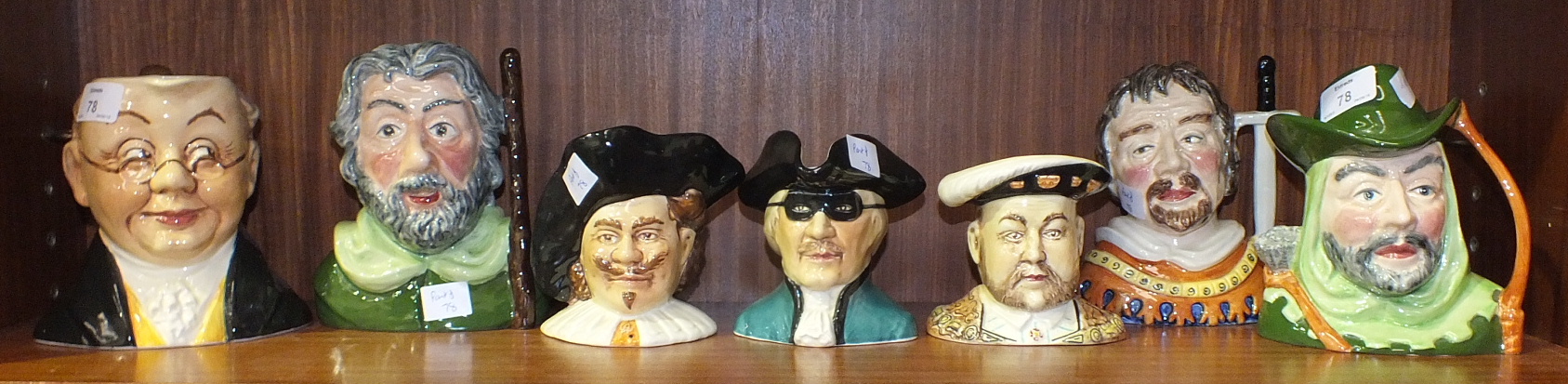 A collection of seven SylvaC character jugs, including 'Pickwick', 'Little John', 'Cavalier', '