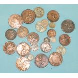 A small quantity of mainly British coinage, includes some Georgian copper coins.