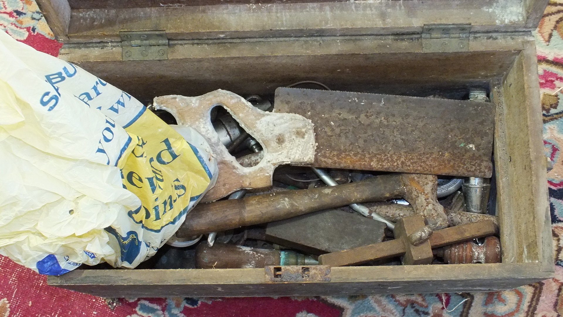 A wooden tool box marked 'R Feathers, Engine Fitter, Rosyth Dockyard', 51cm wide, a small collection - Image 2 of 2