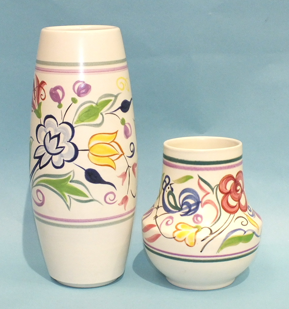 A late Poole Pottery flower-decorated vase of elongated barrel form, 23cm high, printed mark beneath