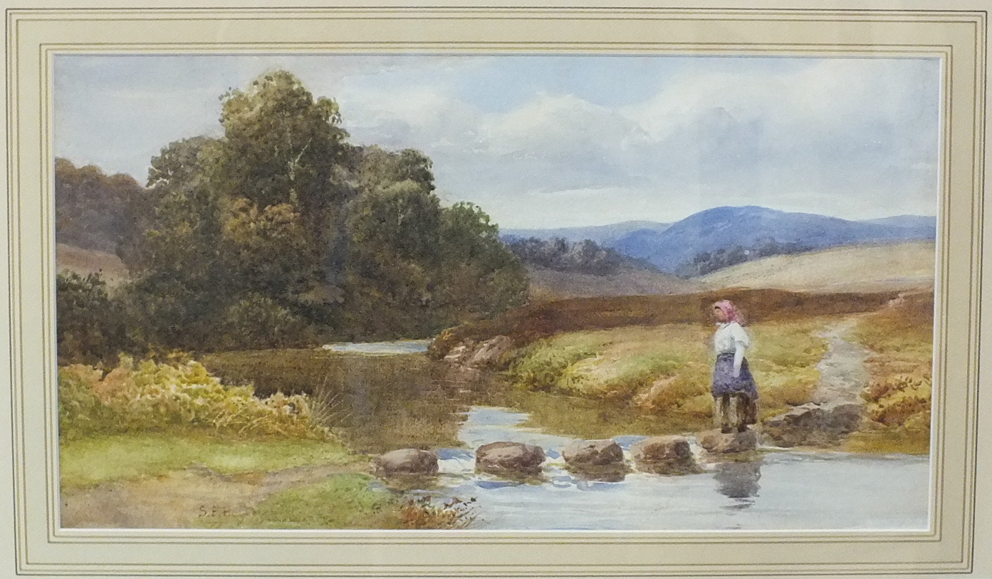 Stephen E Hogley (1842-1923), 'A young woman crossing a stream', watercolour, signed, 26 x 48cm.