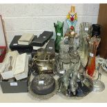 A collection of cased and loose plated cutlery, a plated eight-division cruet stand, (bottles not