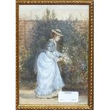 H H S (Victorian), 'Young girl picking flowers', a watercolour, signed with initials, 19.5 x 13cm