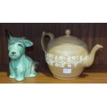 A SylvaC green-glazed dog, figure no. 1118, 17cm high, a pair of Wallis Gimson & Co. 'The World'