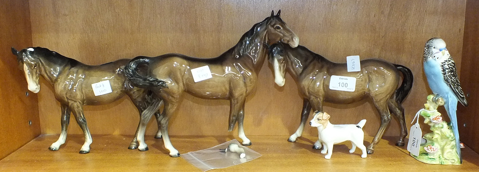 Two Beswick model horses, Mare, facing left, brown gloss (1 af), one other horse, af, a blue