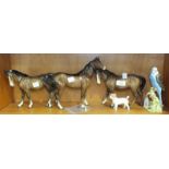 Two Beswick model horses, Mare, facing left, brown gloss (1 af), one other horse, af, a blue