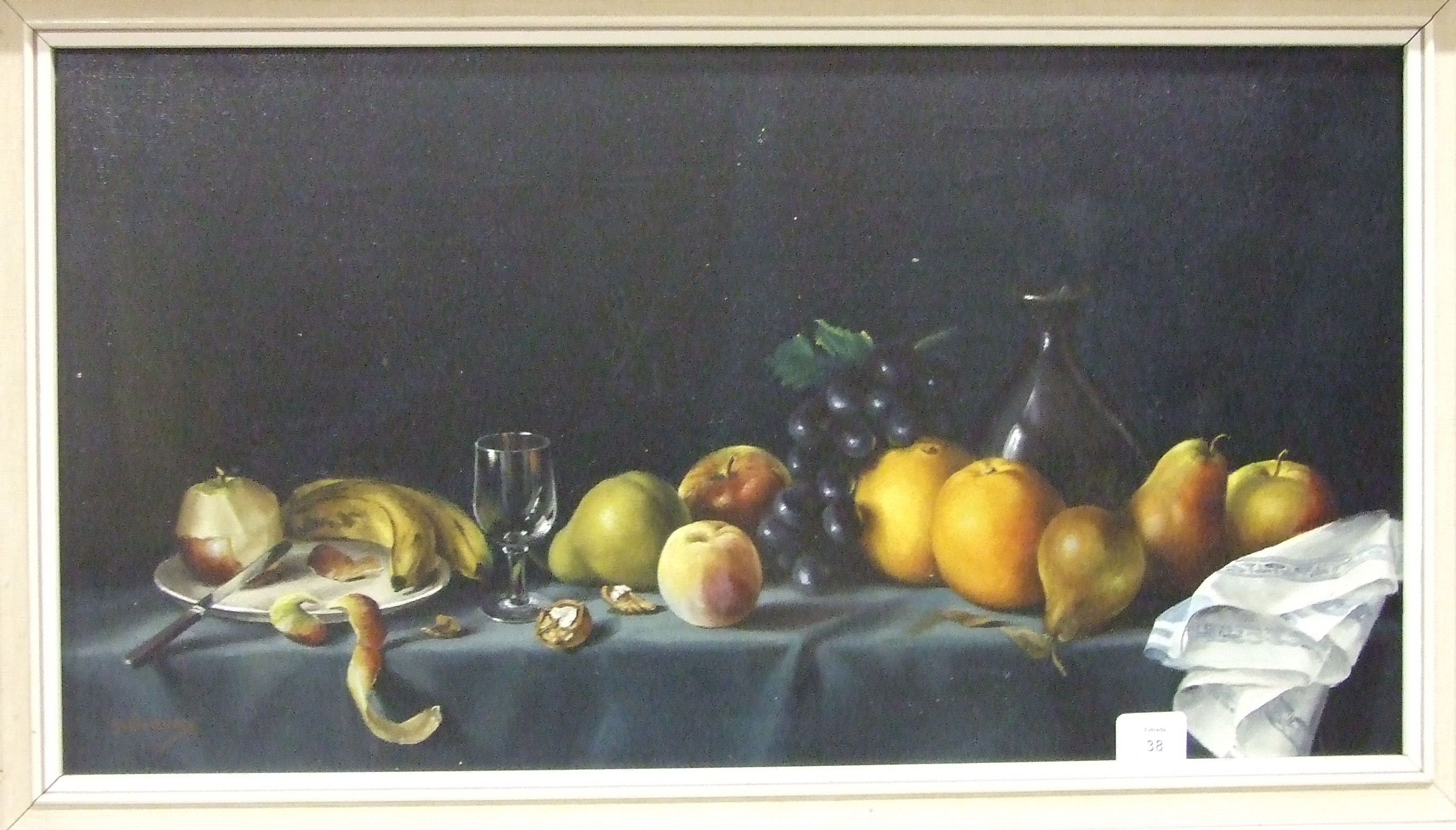 S L Bennett, 'Still life of fruit with wine glass', a signed oil on canvas, 39 x 75cm.