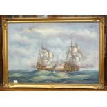 20th century, 'Two three-masted men o' war engaging at close quarters', an indistinctly-signed oil