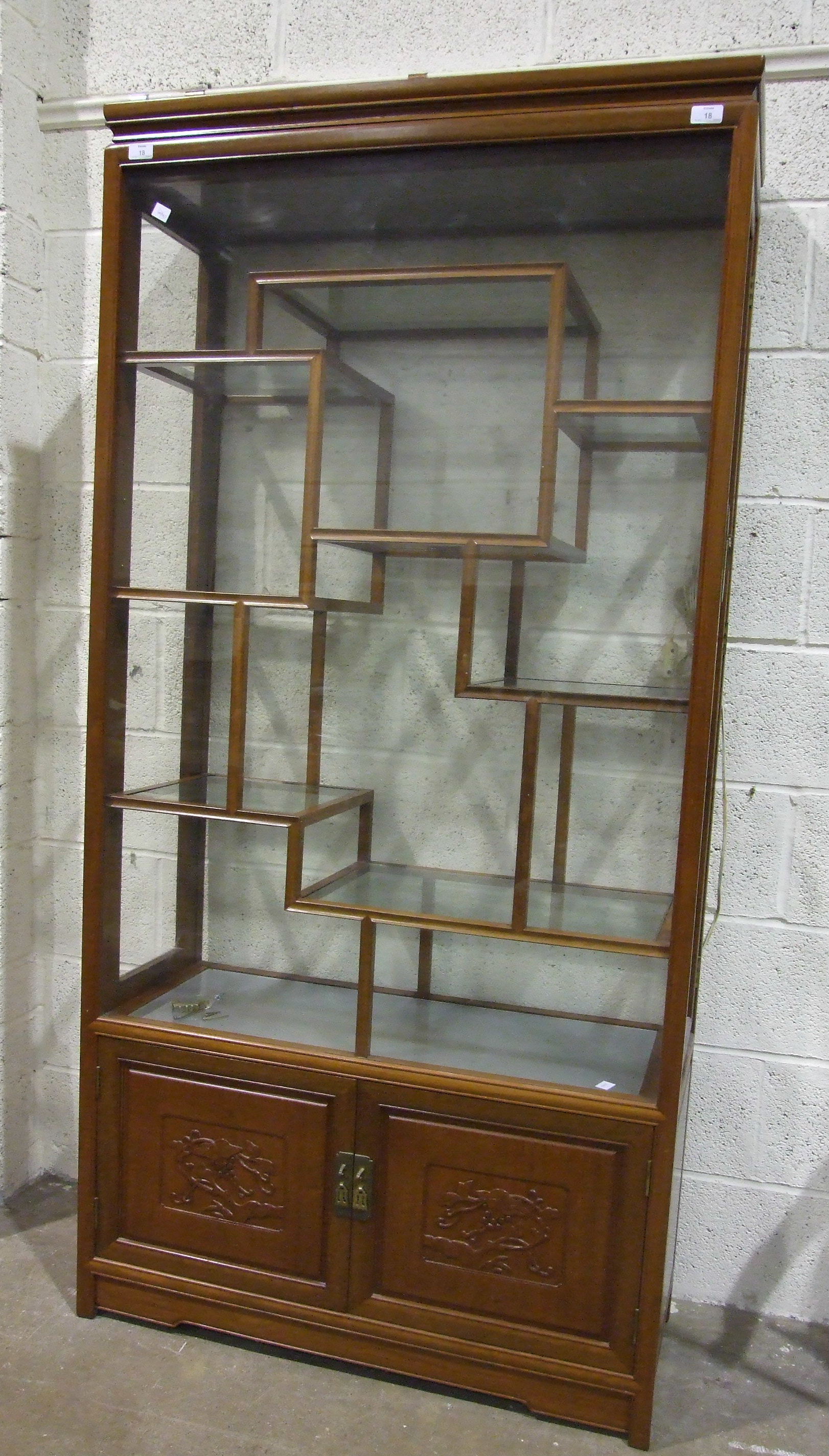 A 20th century Chinese-style hardwood and glazed display cabinet fitted with hinged side doors, - Image 2 of 2