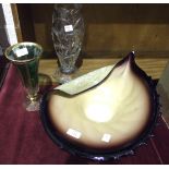 An Italian Cello handmade large glass dish in the form of a shell, 50cm wide, a green and clear