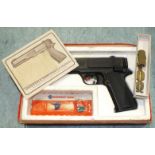 A Milbro Model G10 20-shot BB repeater air pistol with manual, in box and a set of brass sovereign