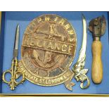 A pair of 19th century decorated brass-handled steel scissors, a 'bull-head' tin opener, a John