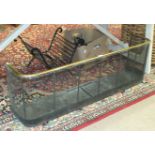 A 19th century brass and metal low spark guard, 118cm wide, a log rack, various fire irons, coal