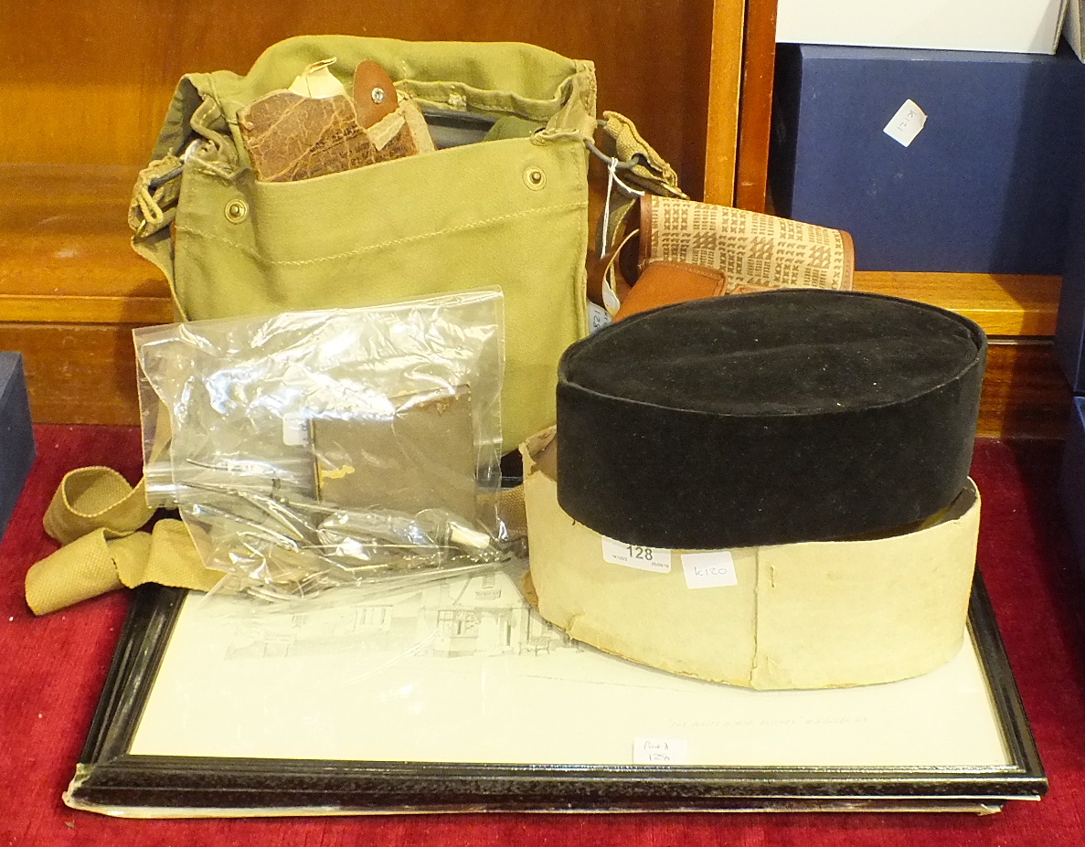 A felt songkok hat in original cardboard case, with label 'Abdullah Bros, Baghdad Street, Singapore,