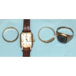A ladies 'UNO' 9ct-gold-cased wrist watch, (a/f), on leather strap and three various 9ct gold rings,