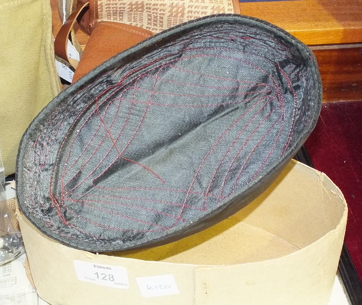 A felt songkok hat in original cardboard case, with label 'Abdullah Bros, Baghdad Street, Singapore, - Image 2 of 2