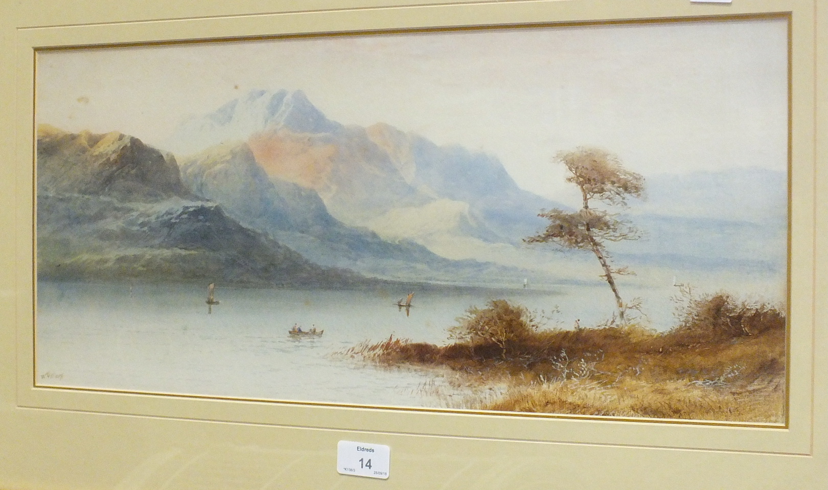 W H Earp, 'Lake scene with sailing boats and mountains in the distance', a signed watercolour, 23