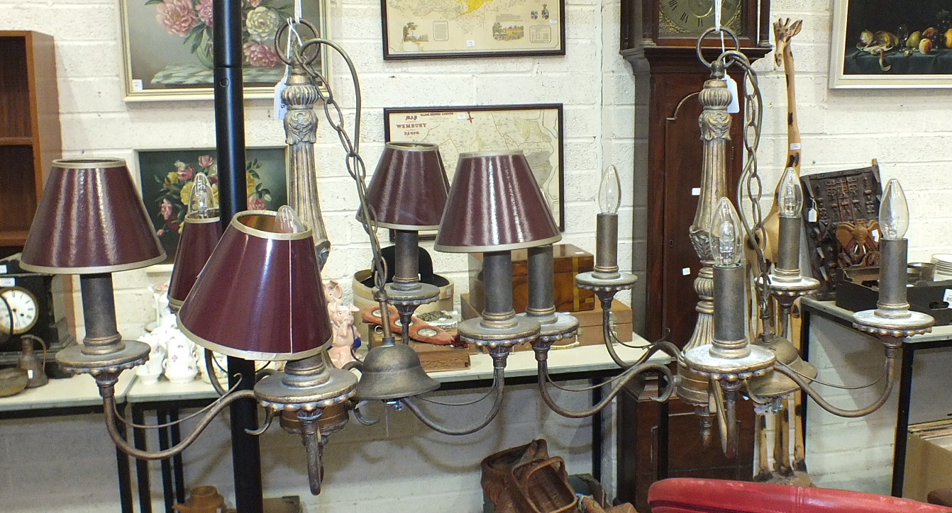 A pair of giltwood five-branch hanging chandeliers, 54cm high, 51cm wide, (2).