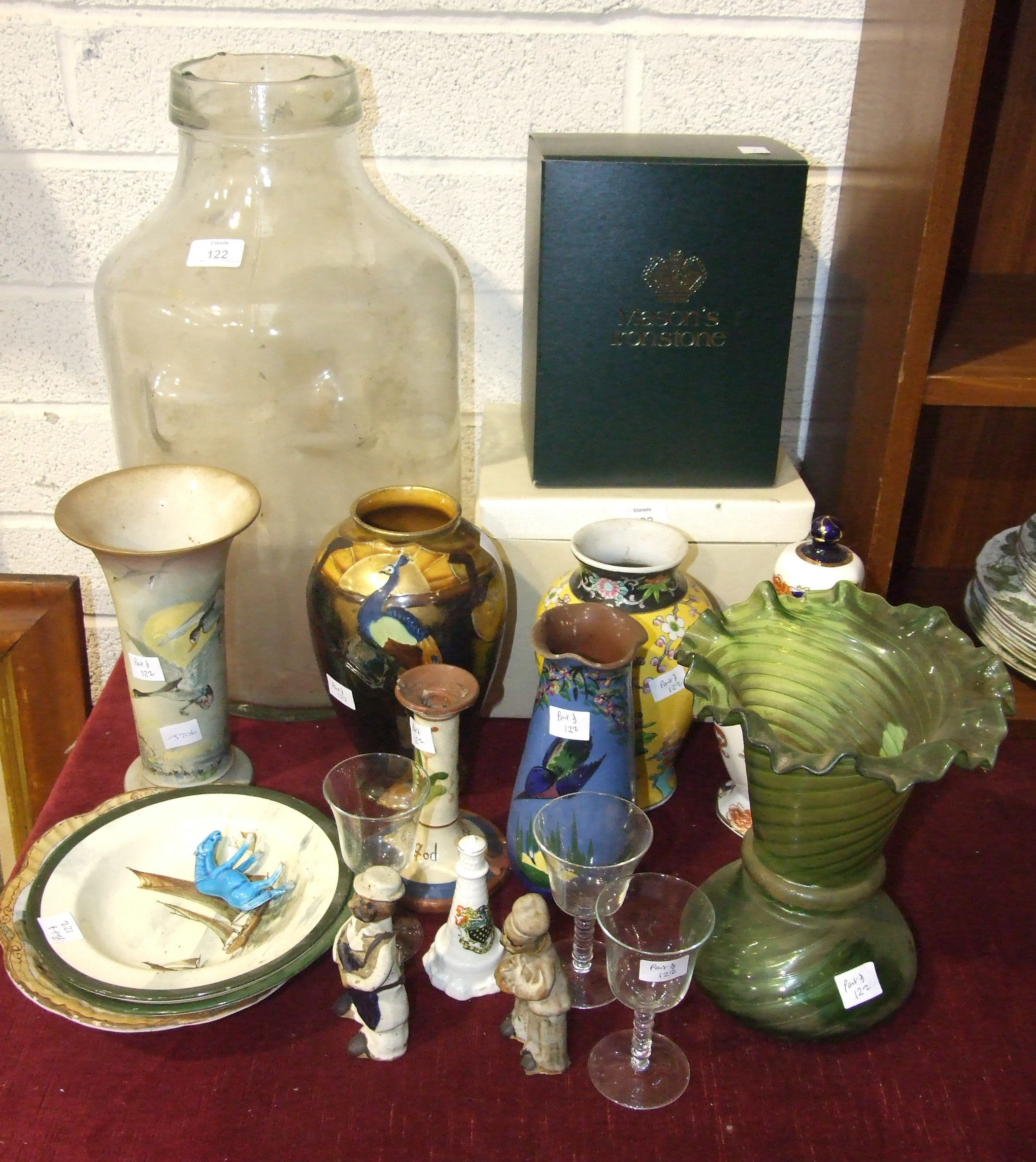 A Masons 'Blue Mandalay' jardinière, a 'Mandalay' ginger jar and vase with cover, a green glass vase