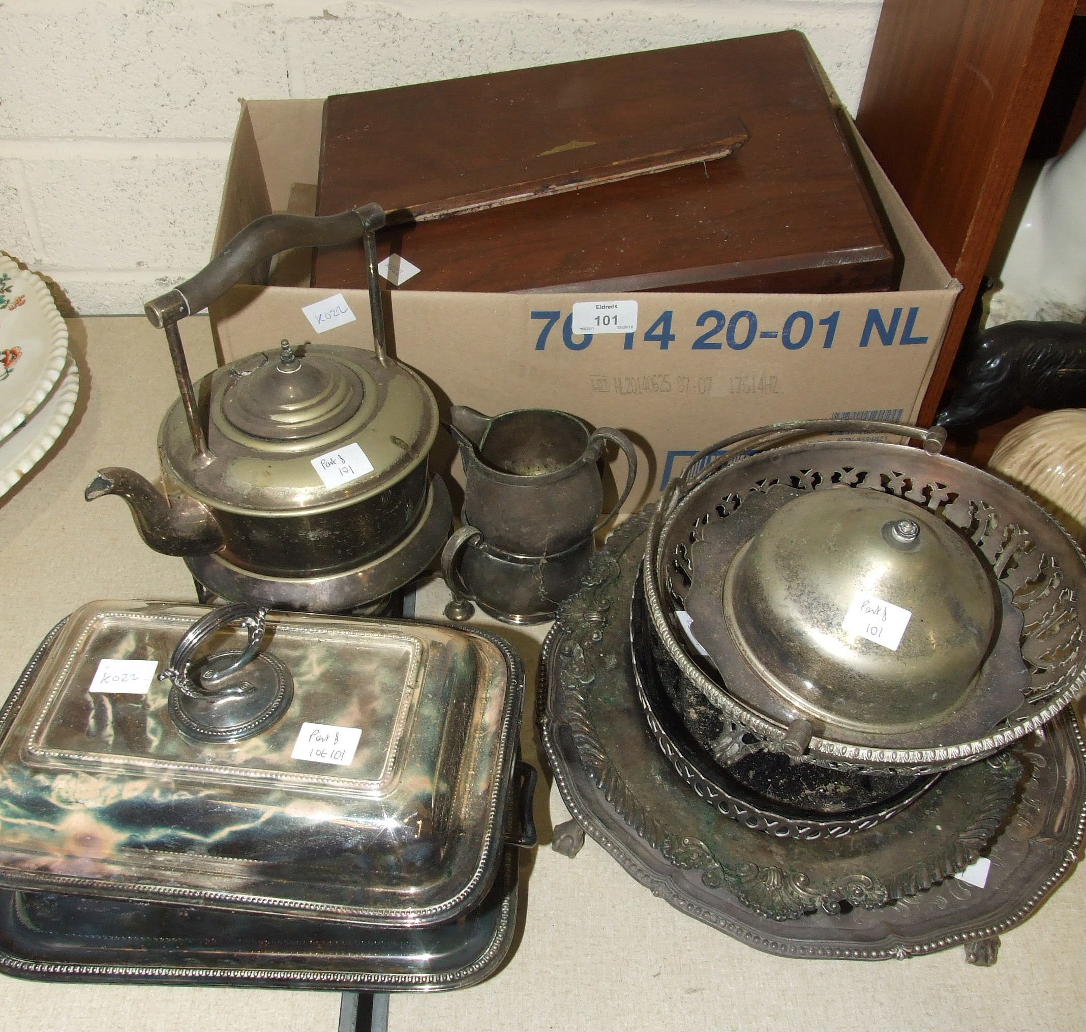 A large quantity of cased and loose cutlery, two plated entrée dishes, other plated and metal ware