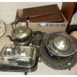 A large quantity of cased and loose cutlery, two plated entrée dishes, other plated and metal ware