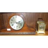 A mahogany-cased chiming mantel clock, 23cm high and two quartz mantel clocks, (3).