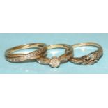 Three 9ct gold rings set diamonds, size K-N½, 5.8g.