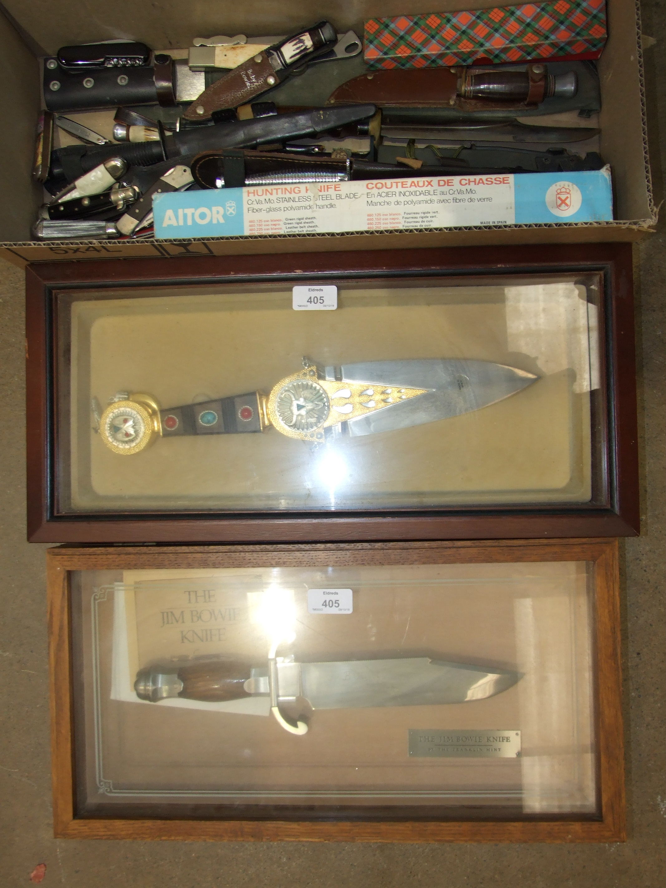 A Franklin Mint "The Jim Bowie Knife" in presentation case, another decorative knife in case, (