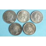 A George III 1762 Maundy threepence, two George IV fourpences, 1836 and 1837 and two Queen