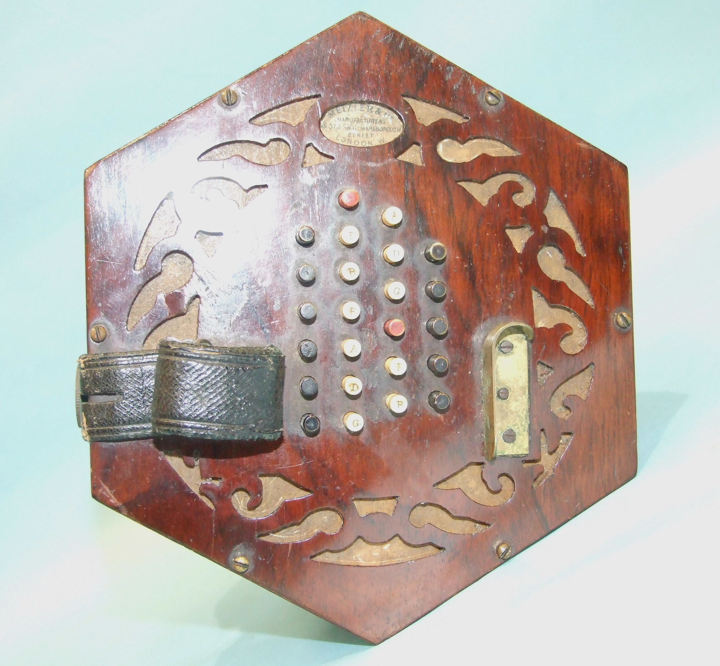 A Metzler & Co. 48-key five-fold concertina numbered 21938, with pierced ends, boxed. - Image 2 of 5