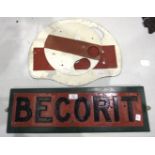 A cast iron locomotive nameplate "Becorit", 56 x 14cm, (corner damaged) and two others, (3).