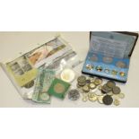 A collection of British and foreign coinage, including pre-1946 silver, a Franklin Mint 1976 proof