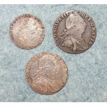 Two George III 1787 shillings, (one holed) and a 1787 sixpence, (all with semee of hearts), (3).