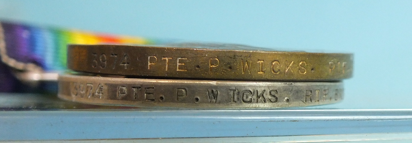 A WWI pair awarded to 3974 Pte P Wicks Rif Brig: British War and Victory medals, also an - Image 2 of 2