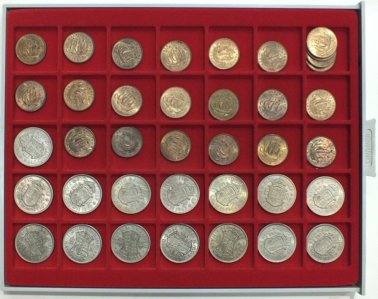 A collection of various coins including farthings, halfpennies, etc, with lustre and other British